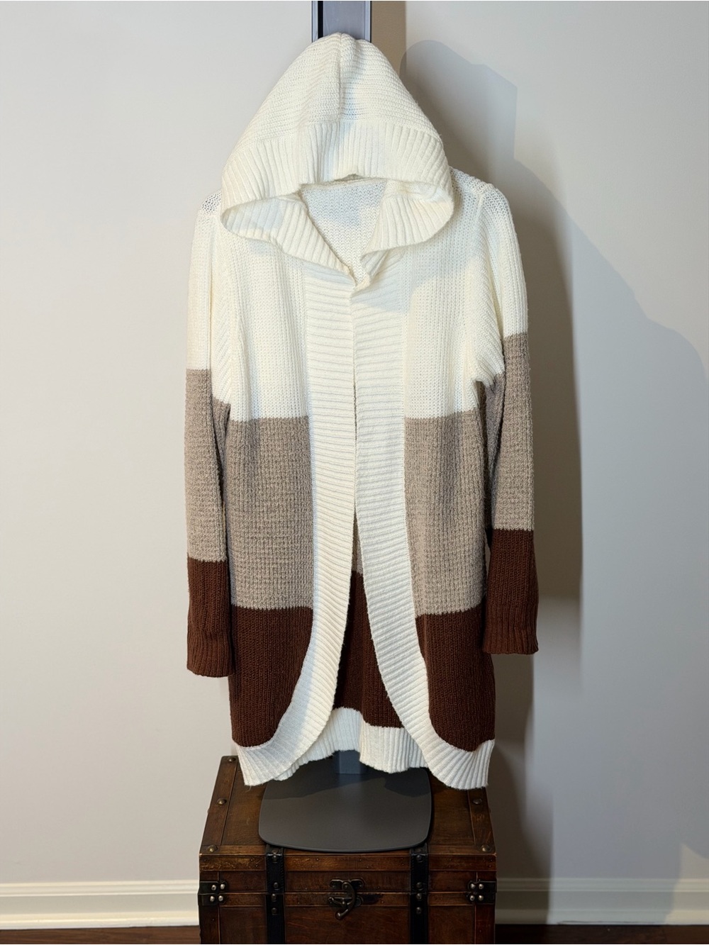 Cozy Hooded Colorblock Open Cardigan Sweater - Cream Taupe Brown